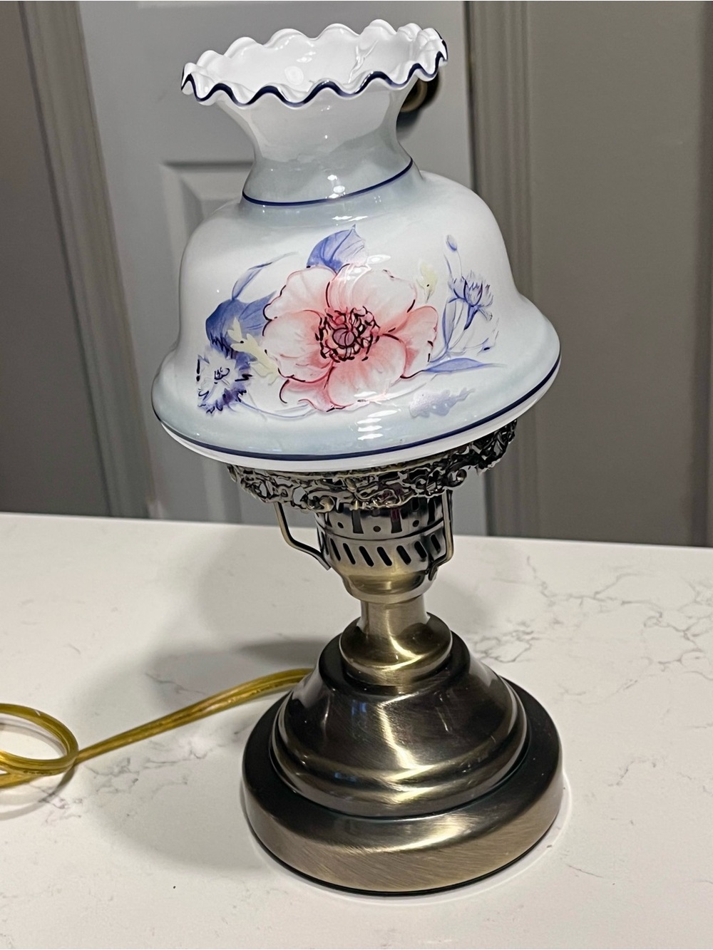 vintage-style electric miniature hurricane lamp brushed brass white, blue 12”